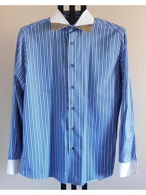 Da Vinci Luxe Men's Dress Shirt Size L Blue Stripe Contrast Collar Made Italy